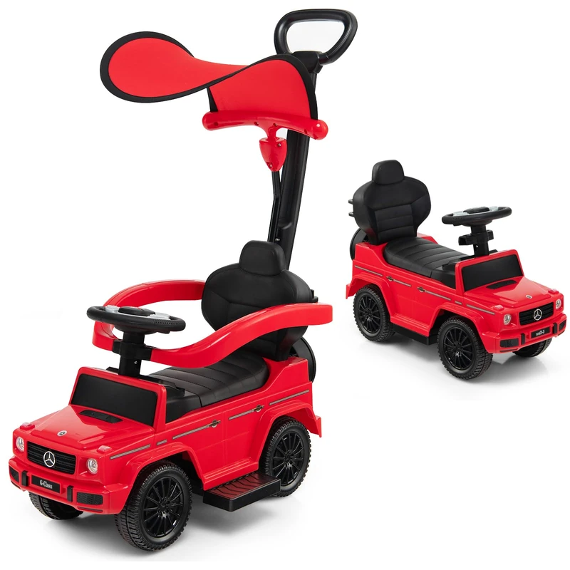 GYMAX 3 in 1 Kids Ride on Push Car, Licensed Mercedes Benz Push Along Car with Handle, Guardrails, Adjustable Canopy, Horn & Sound, Underneath Storage, Toddler Sliding Toy for Boys Girls (Red)