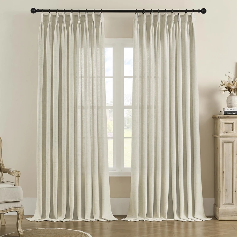 MASWOND Faux Linen Pinch Pleated Curtain for Living Room, Extra Long Pinch Pleat Semi Sheer Drapes with Hooks for Traverse Rod, Light Filtering Privacy Protection (1 Panel, 52" W x 108" L, Linen)