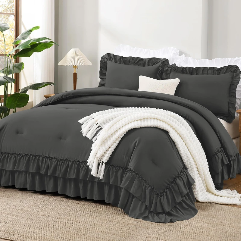 Andency Dark Grey Ruffle California King Comforter Set, 3 Pieces