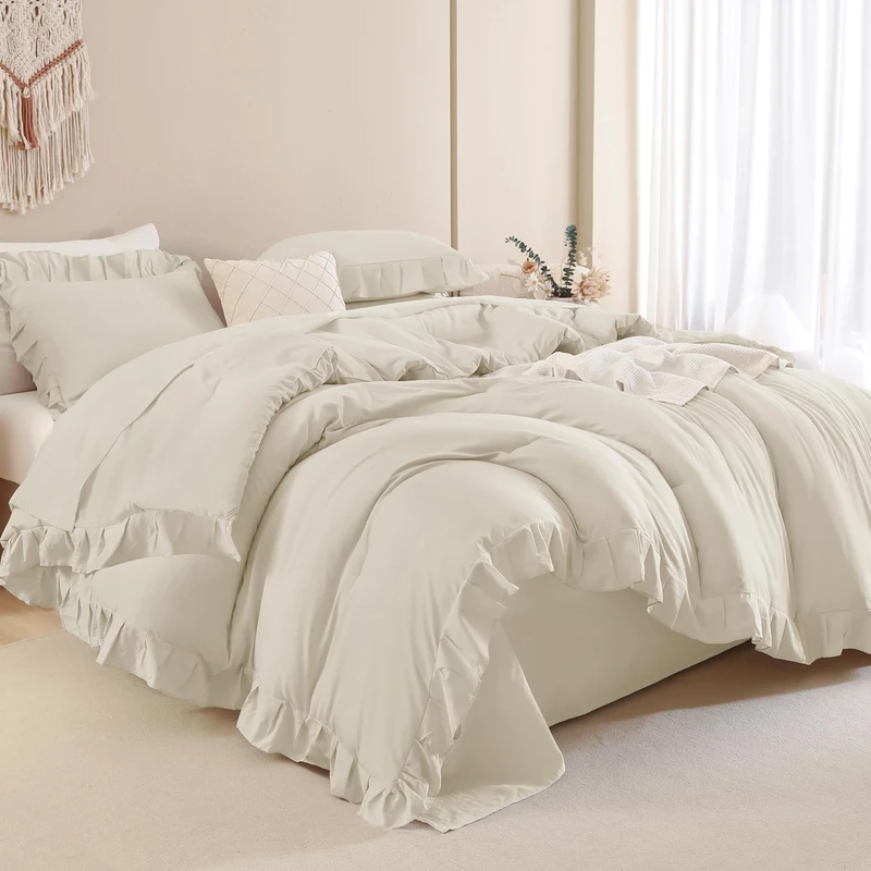 Andency Beige Twin Size Ruffle Comforter Set, 2 Pieces (1 Ruffle Comforter & 1 Pillowcase), Farmhouse Style