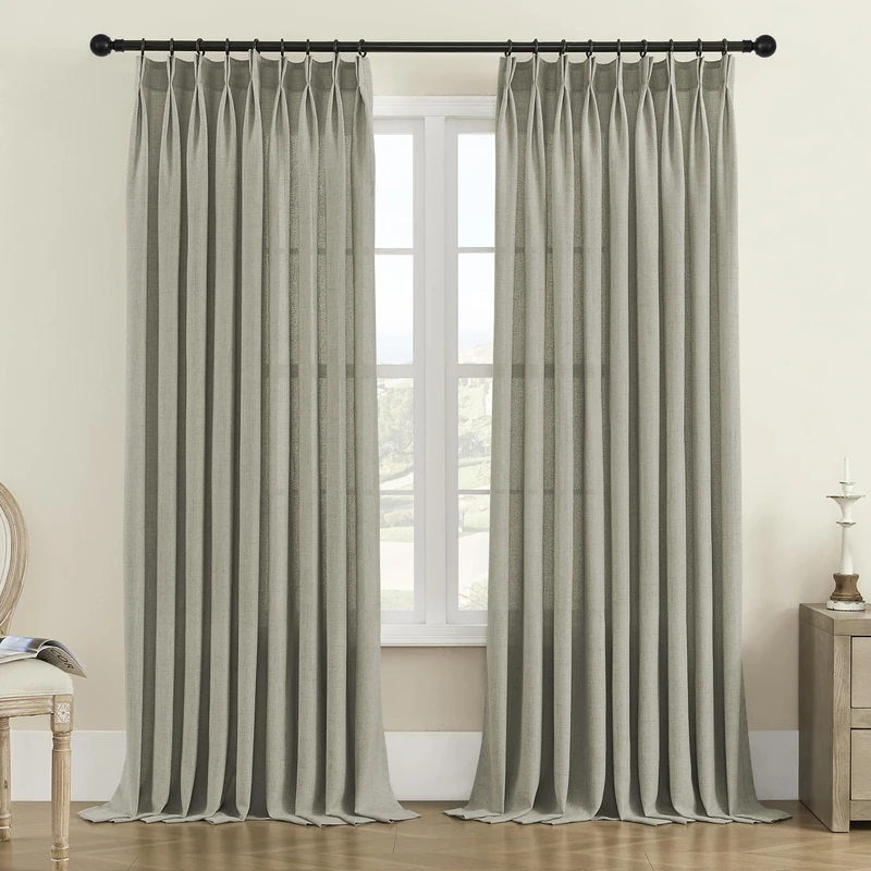MASWOND Natural Pinch Pleated Curtain 72W x 84L Inches, Extra Wide Light Filtering Semi Sheer Linen Curtains for Living Room Patio Door, Pinch Pleat Window Drapes with Hooks (1 Panel, Taupe)
