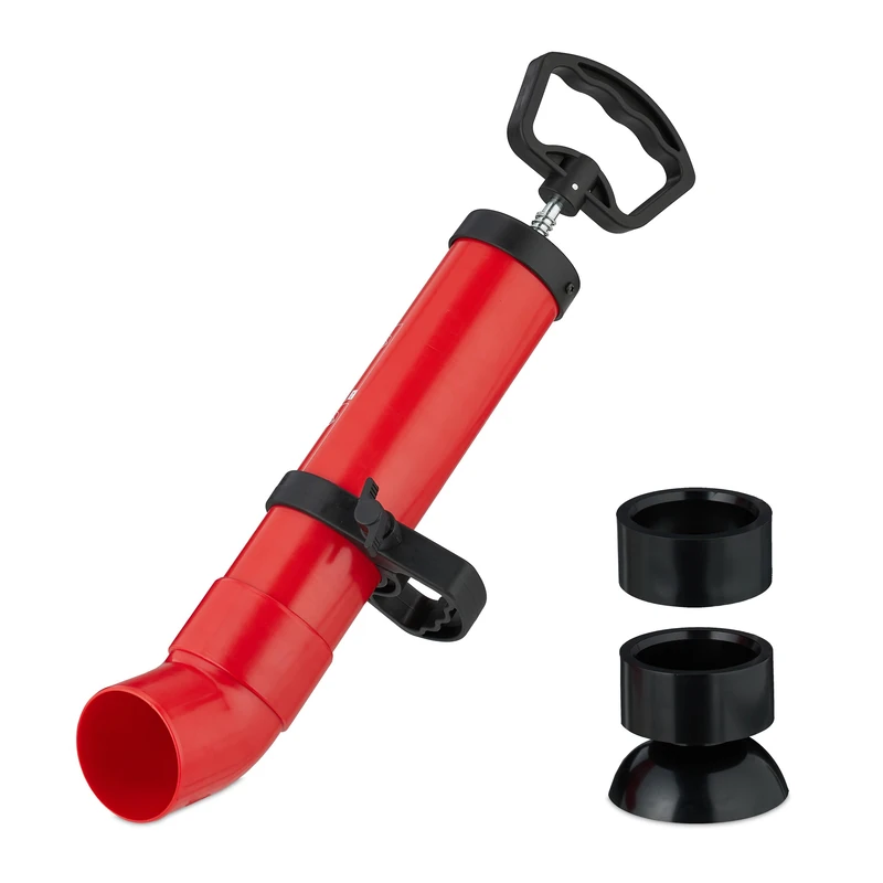 Relaxdays Drain Cleaner Pump, 2 Attachments for WC, Shower, Washbasin, Pressure, Chemical-free, 48 x 16 cm, Black/Red