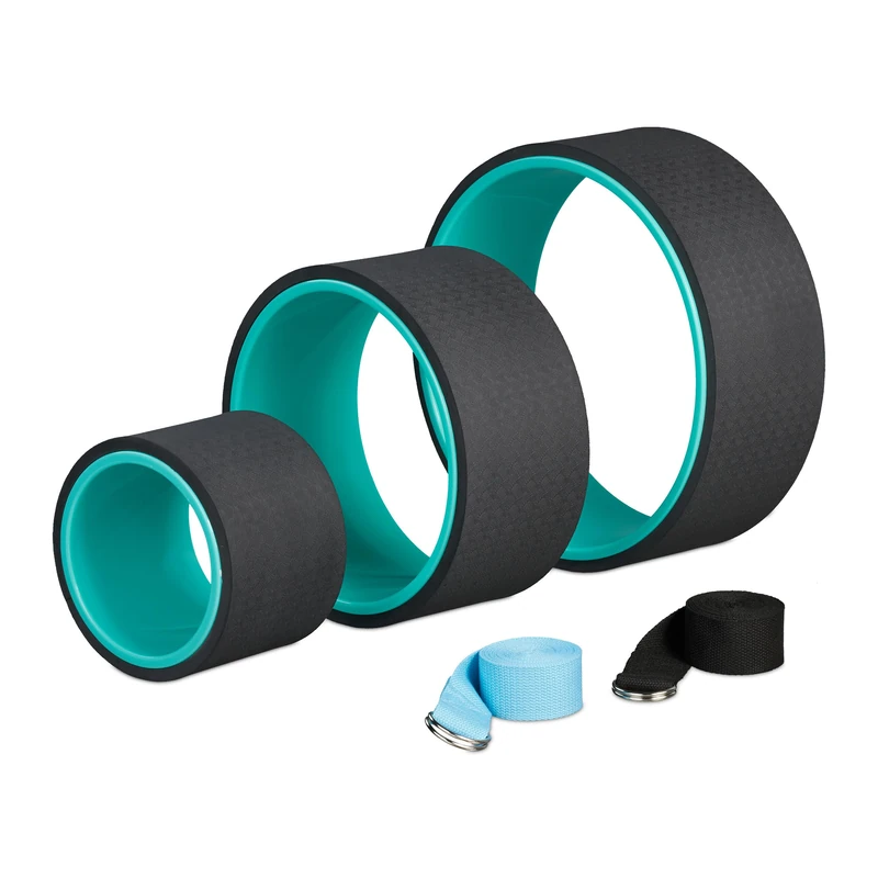 Relaxdays Yoga Wheel, Set of 3, Ø: 33, 26,5, 17 cm, with 2 Straps, Rings for Stretching, Sport, Plastic, Turquoise/Black, 12.5 x 33 x 33 cm