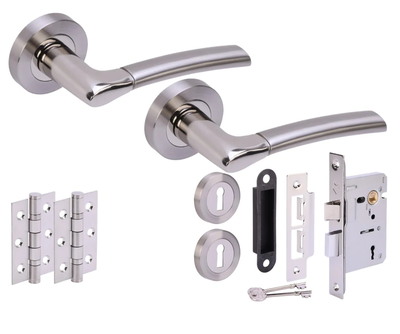 Hunta HANDLEZONE® Ursa Door Handles on Rose 3 Lever Lock Pack with 75mm Ball Bearing Hinges and 76mm Lock - Dual Polished/Satin Nickel