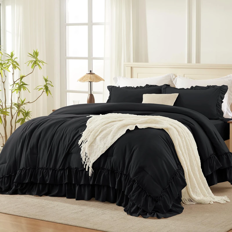 Andency Black Ruffle Full Size Comforter Set, 3 Pieces