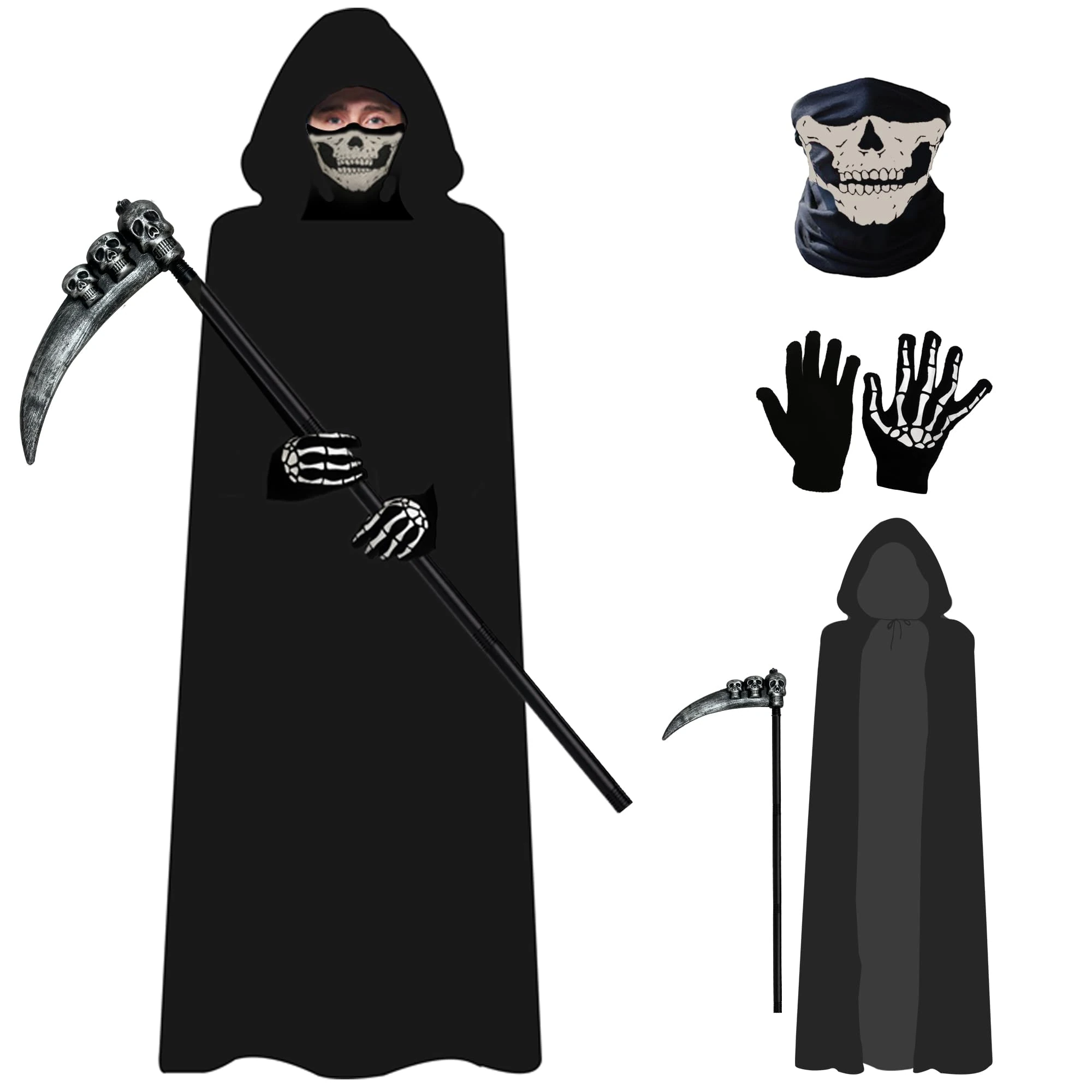 A-SZCXTOP Grim Reaper Costume Set,Halloween Capes Cosplay Fancy Dress Costume for Adults,Includes Robe & Death Scythe & Mask & Gloves