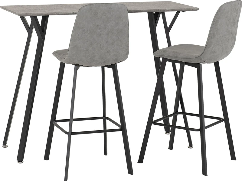 Seconique Quebec Bar Table Set with 2 Dining Chairs in Concrete Effect/Black/Grey/Faux Leather