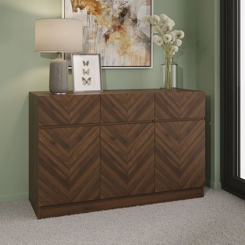 GFW Catania Narrow Large Sideboard Cabinet Unit With 3 Storage Drawers & 3 Storage Cupboards, Walnut Furniture For Living Room, Dining Room, Hallway & Office, Royal Walnut D39.8 x H76 x W118.8cm
