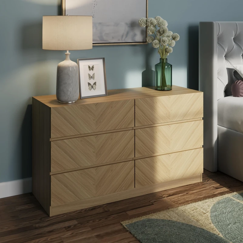 GFW Catania 3+3 Drawer Chest Of Drawers Cabinet, Modern Herringbone Design Wood Effect Finish Bedroom Furniture Storage Chest, Euro Oak, D39.8 x H68 x W118.9cm