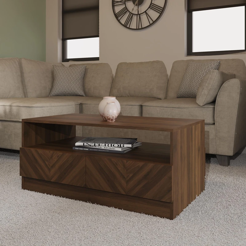 GFW Catania Floor Coffee Table & TV Unit Entertainment Room With Storage Space Wooden Coffee Table Suitable For Living Room & Hallway & Bedroom Royal Walnut Wood, D52.9 x H41.5 x W94cm