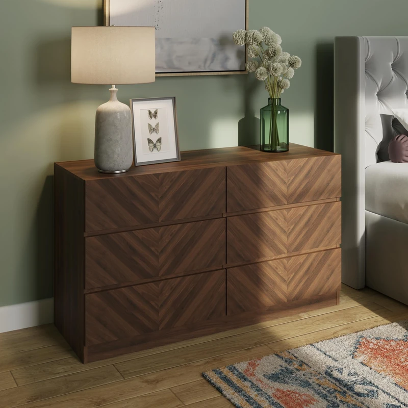 GFW Catania 3+3 Drawer Chest Of Drawers Cabinet, Modern Herringbone Design Wood Effect Finish Bedroom Furniture Storage Chest, Royal Walnut, D39.8 x H68 x W118.9cm