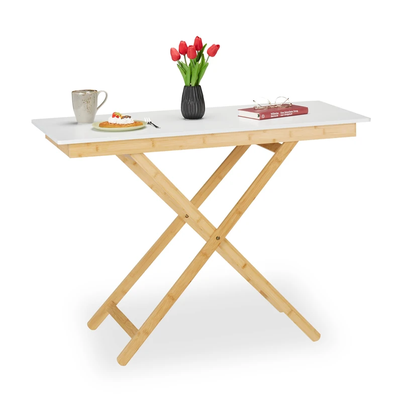 Relaxdays Folding Table, Height Adjustable, Bamboo, HBT 70x105x50 cm, for Kitchen, Living Room, Balcony, Natural/White, 70 x 105 x 50 cm - Image 1
