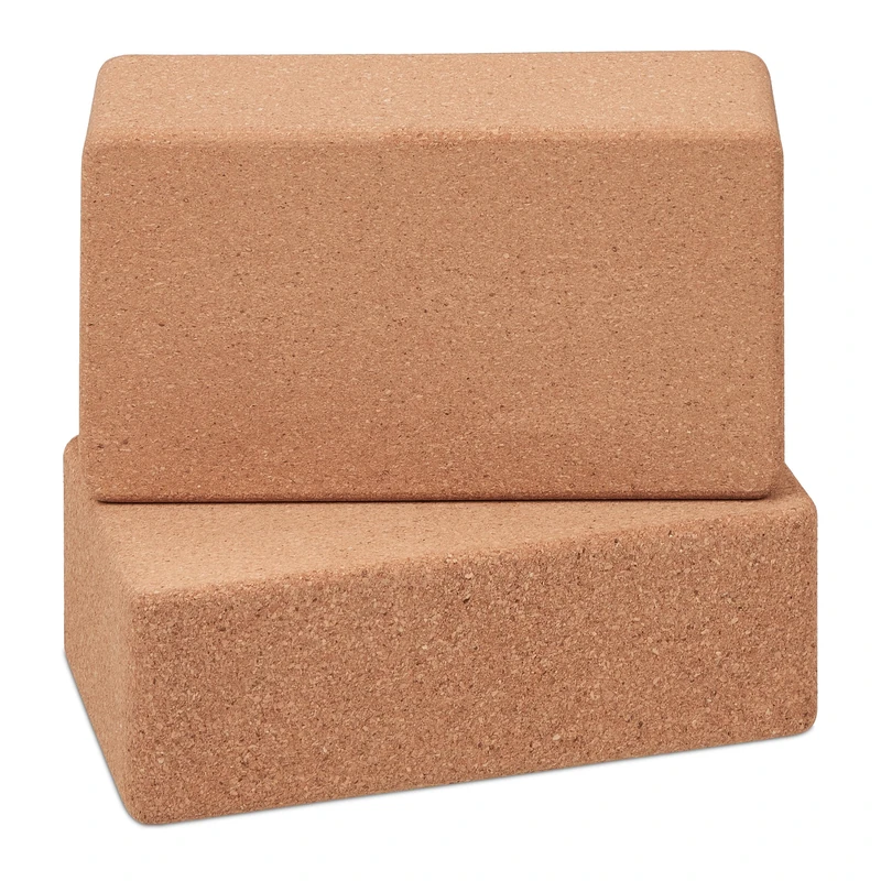 Relaxdays Yoga Block, Set of 2, Cork Bricks, for Pilates, Stretching, Balance, 12 x 22.5 x 7 cm, Non-Slip Cubes, Natural