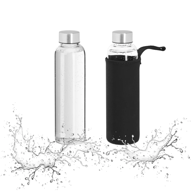 Relaxdays Glass Bottle, 2X Set, 500ml Volume Capacity, with Protective Cover Neoprene, HxD 23.5x6.5cm, Transparent/Black, 23.5 x 6.5 x 6.5 cm