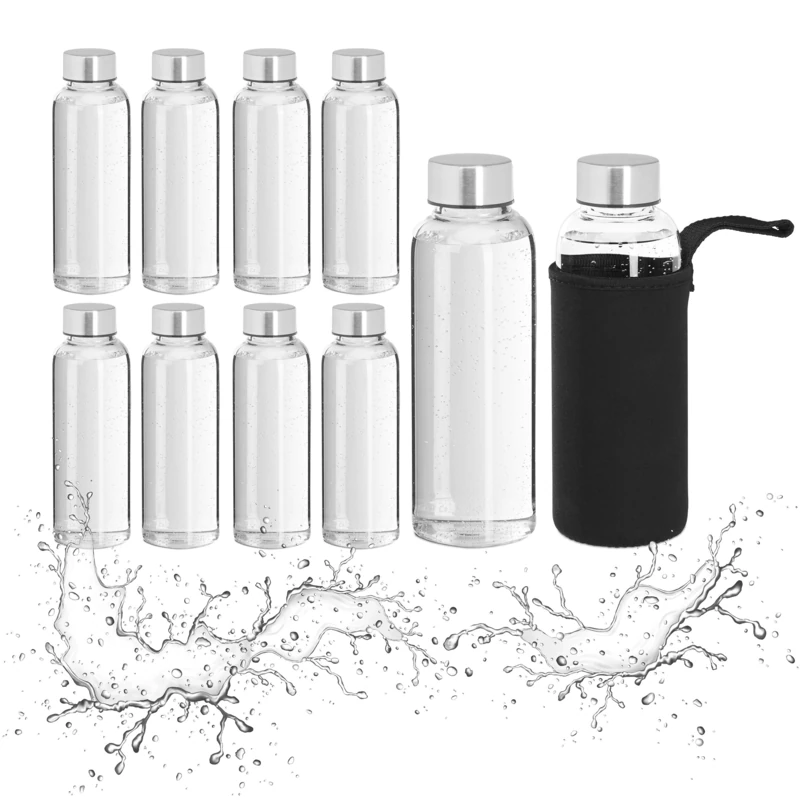 Relaxdays Glass Bottle, Set, 10x 360ml Volume Capacity, with Protective Cover Neoprene, HxD 20 x 6 cm, Transparent/Black, 20 x 6 x 6 cm - Image 1