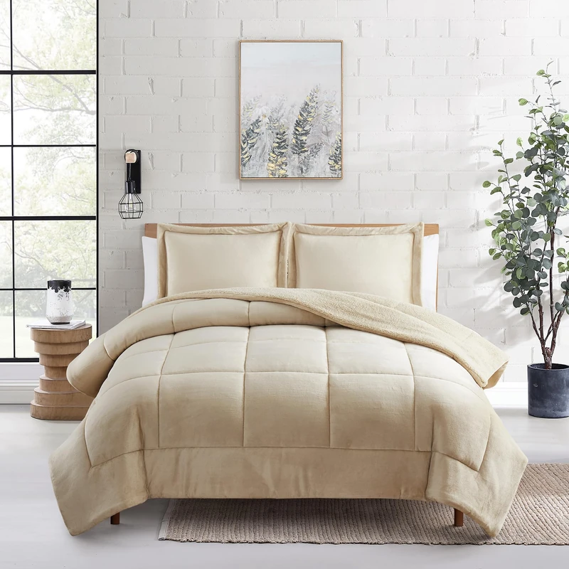 Sweet Home Collection Queen 3 Piece Sherpa Comforter Set - Plush Bedding Ensemble with Soft Sherpa Texture and Coordinated Shams for Supreme Bedroom Comfort, Queen, Beige