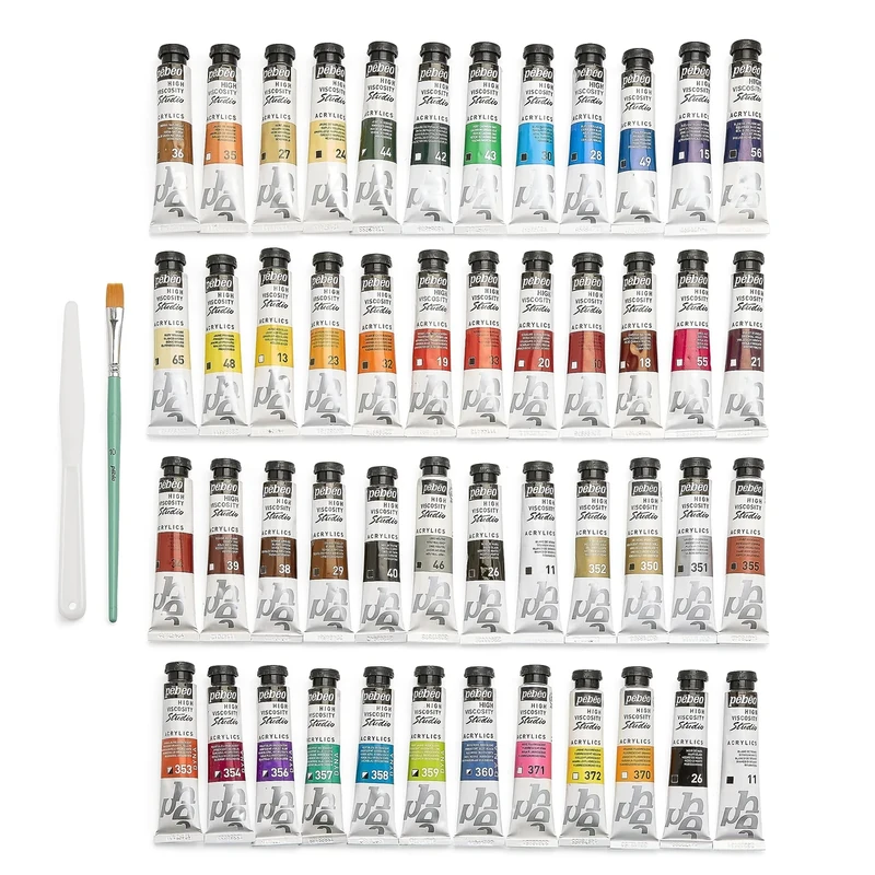 Pébéo - Studio Acrylics - Set 48 Tubes 20 Ml Assorted Colours + Accessories - Acrylic Painting Kit for Artist and Beginner - Brushes + Spatula + Canvas - Luminous Colours
