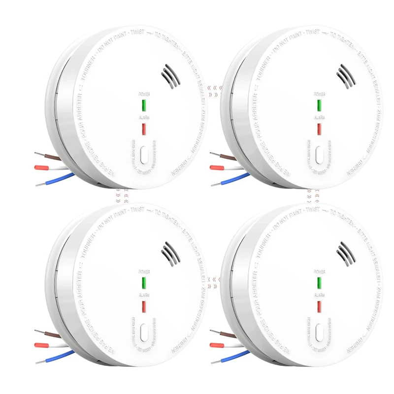 Andyssey GS517A Wired Smoke Alarm Mains powered, Interlinked Mains Smoke Detector 1 Year Replaceable Battery Back-up, Fire Alarm with Silence Button, EN 14604 Standard (4-PACK)