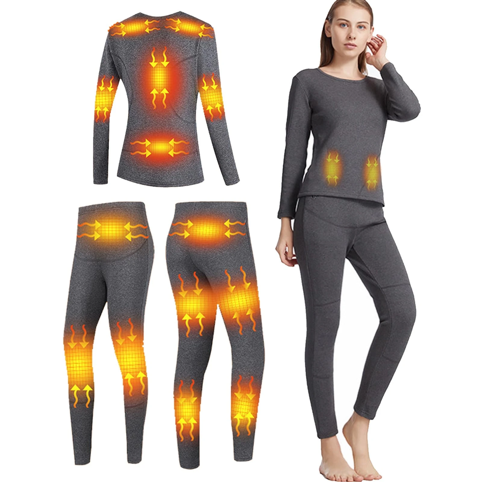 VLOBAOM Electric Heated Thermal Underwear Set, Women's Travel Heated Pants and Top, Fleece Lined Long Johns Set,M,Grey