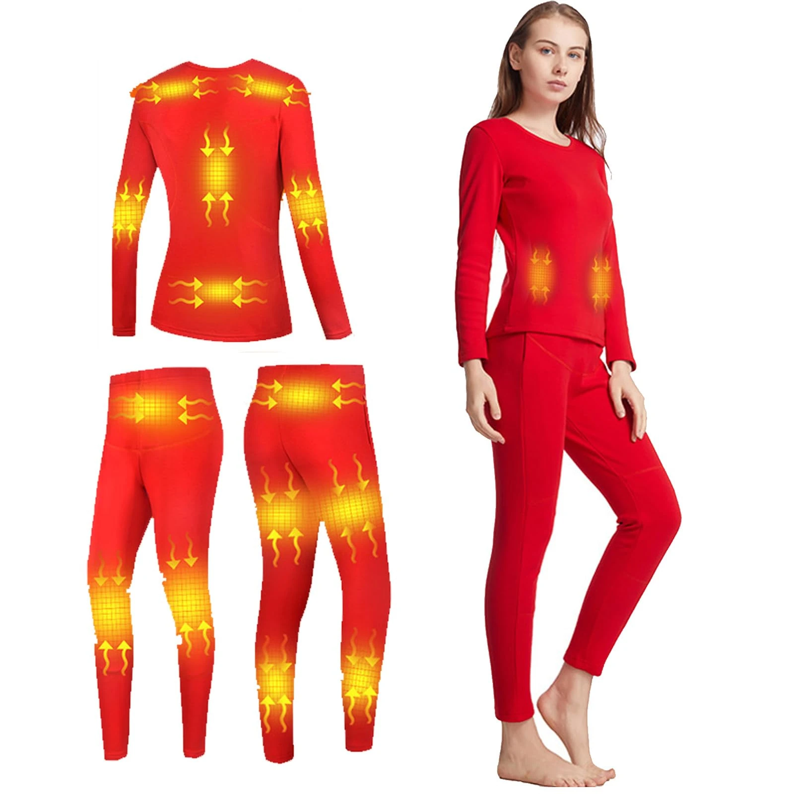 VLOBAOM Electric Heated Thermal Underwear Set, Women's Travel Heated Pants and Top, Fleece Lined Long Johns Set,M,Red