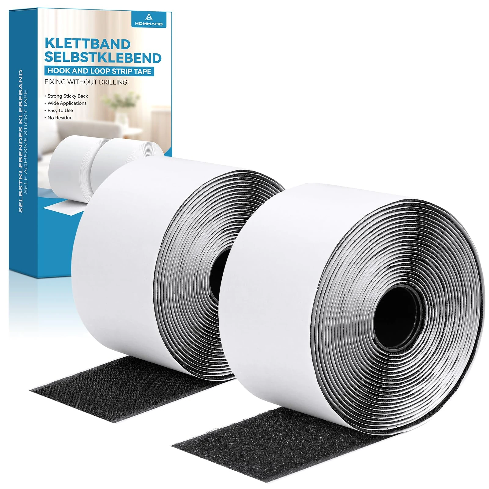 HOMMAND Hook and Loop Strip Tape, Self Adhesive Sticky Back Fastening Tape, Hook and Loop Self Adhesive Sticky Tape, Double Sided Hook and Loop Tape for Room Décor, Home, Office - 50mm x 5m, Black