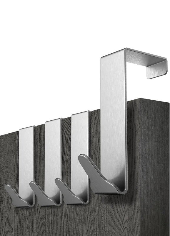Menz Over Door Hook 4 Pack Silver, Stable Overdoor Hanger. Rust-Free Door Hangers for Clothes, 4.1cm Fit. 15kg Coat Hanger, Stainless Steel with EVA Pads, Prevents Scratches