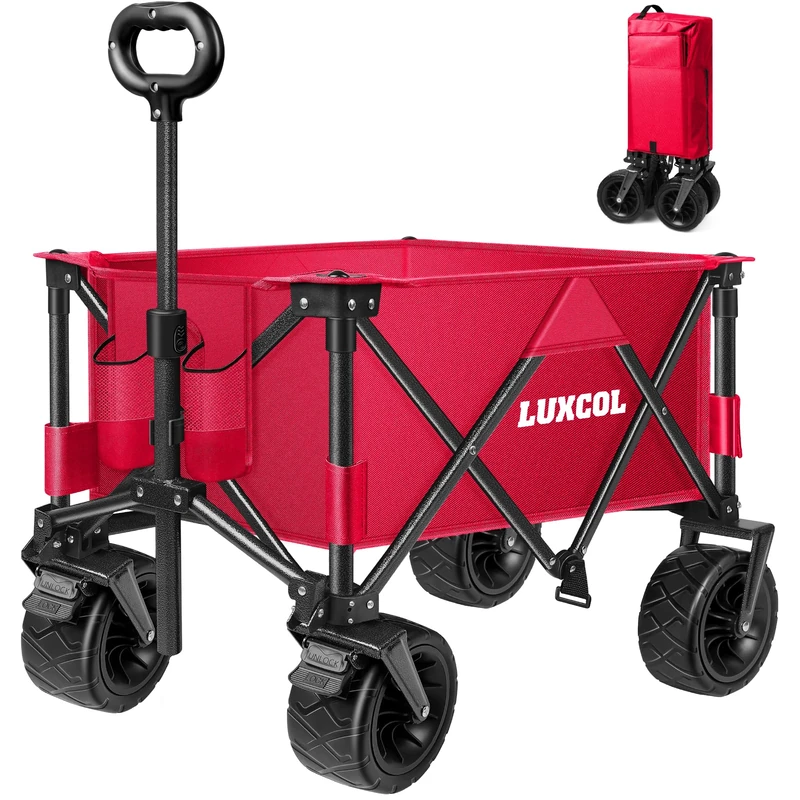 LUXCOL Collapsible Folding Wagon, Heavy Duty Utility Beach Wagon Cart for Sand with Big Wheels, Adjustable Handle&Drink Holders for Shopping, Camping,Garden and Outdoor