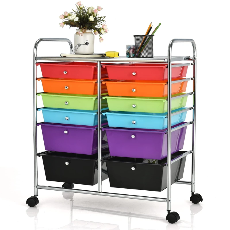 COSTWAY Trolley with 12 Stackable Drawers, Drawer Trolley, Rolling Container with Metal Frame and Shelf, Bathroom Trolley Storage Trolley for Office, Living Room (Colourful) - Image 1