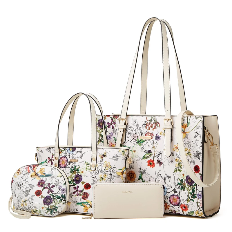 Lovematch Women Fashion Synthetic Leather Handbags Tote Bag Shoulder Bag Top Handle Satchel Purse Set 4pcs, Beige-flower-b