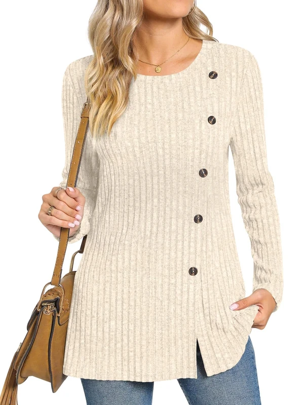 TAOHUADAO Women's Long Sleeve Jumpers Crewneck Tunic Tops with Button Sides Loose Casual Fall Sweater Shirts for Leggings S, Beige