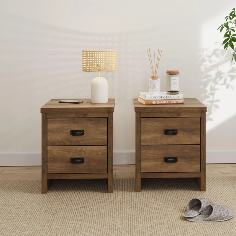 GFW Boston Pair Bedside Cabinets 2 Drawers Storage Shelf Side Cabinet End Table Knotty Oak