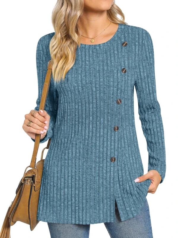 TAOHUADAO Women's Long Sleeve Jumpers Crewneck Tunic Tops with Button Sides Loose Casual Fall Sweater Shirts for Leggings S, Blue