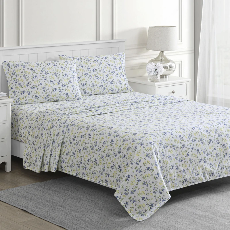Martha Stewart Ruth Ditsy Floral 300TC 100% Cotton Percale Sheet Set, Blue/White, 4 Piece - 1 Flat Sheet, 1 Fitted Sheet, 2 Std Pillowcases, Breathable Cotton Printed Bed Sheets, Queen Size