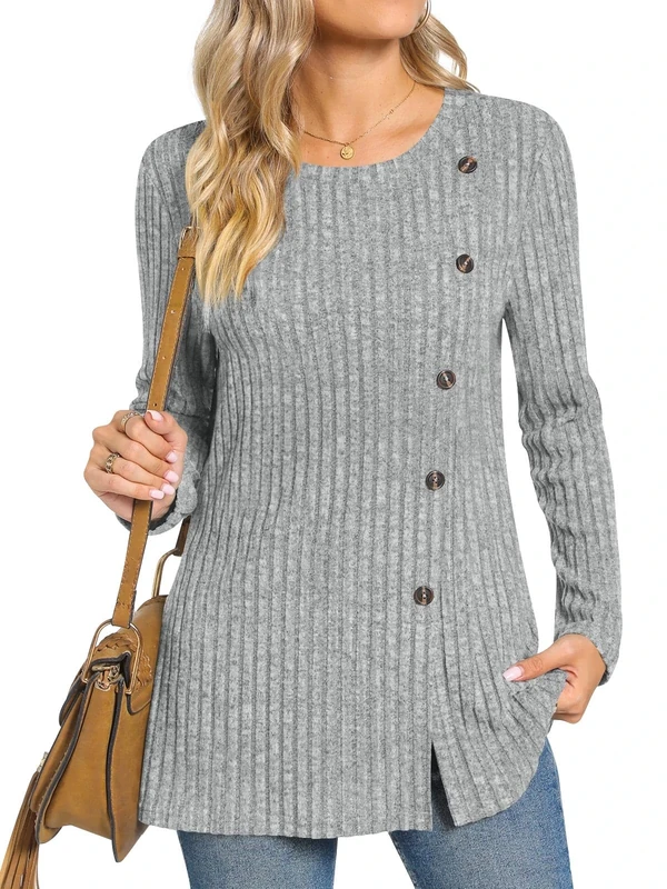 TAOHUADAO Women's Long Sleeve Jumpers Crewneck Tunic Tops with Button Sides Loose Casual Fall Sweater Shirts for Leggings S, Light Grey