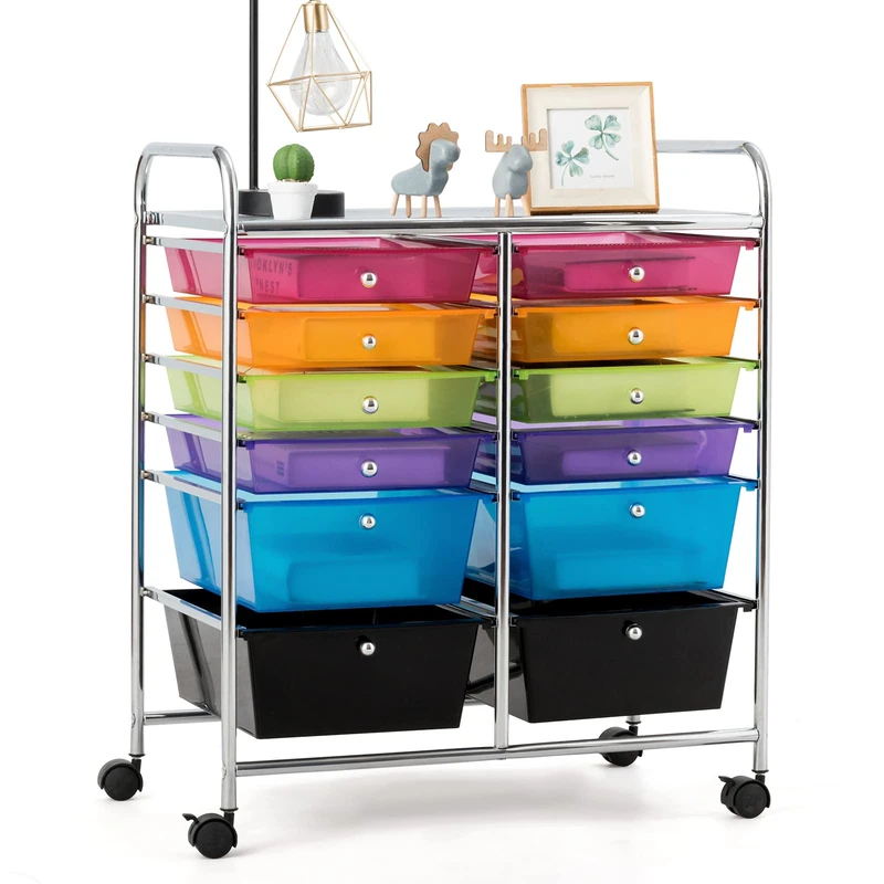 COSTWAY Trolley with 12 Stackable Drawers, Drawer Trolley, Rolling Container with Metal Frame and Shelf, Bathroom Trolley Storage Trolley for Office, Living Room (Transparent Colourful) - Image 1