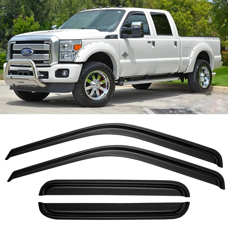 Cxdar Window Rain Guards for 1999-2016 Ford F250 F350 F450 F550 Super Duty with SuperCrew Cab, Window Visors Vent Guard Shade Deflector, 4-Fullsize-Door, Tape On, Dark Smoke