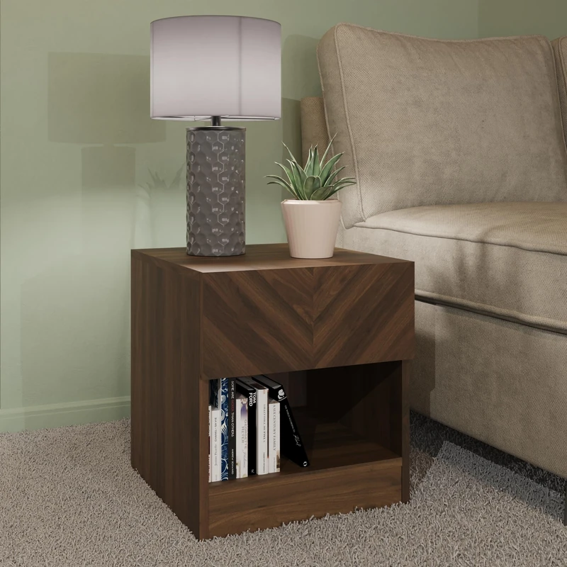 GFW Catania Bedside Cabinet With 1 Drawer & Storage Shelf, Modern Side Table With Contrast Top, Quick Easy Assembly Flat Pack Bedroom Furniture, Wood, Royal Walnut, D39.5 x H41.7 x W38cm