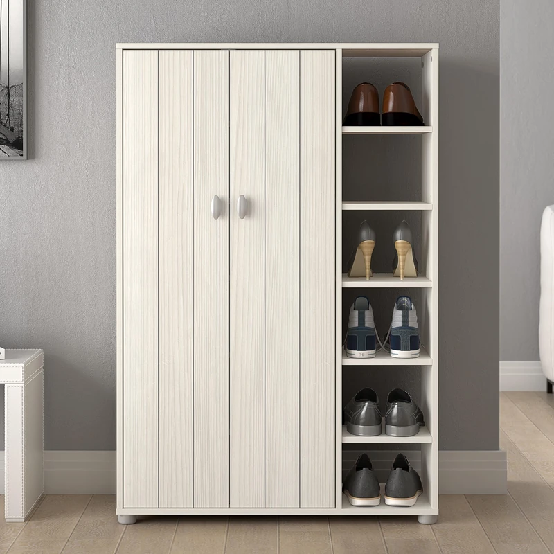 GFW Bideford Shoe Cabinet, White Wooden Shoe Storage Unit with 2 Doors and Open Shelves, Holds Up to 12 Pairs of Shoes, Hallway Storage Cabinet