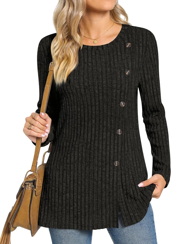 TAOHUADAO Women's Long Sleeve Jumpers Crewneck Tunic Tops with Button Sides Loose Casual Fall Sweater Shirts for Leggings M, Black