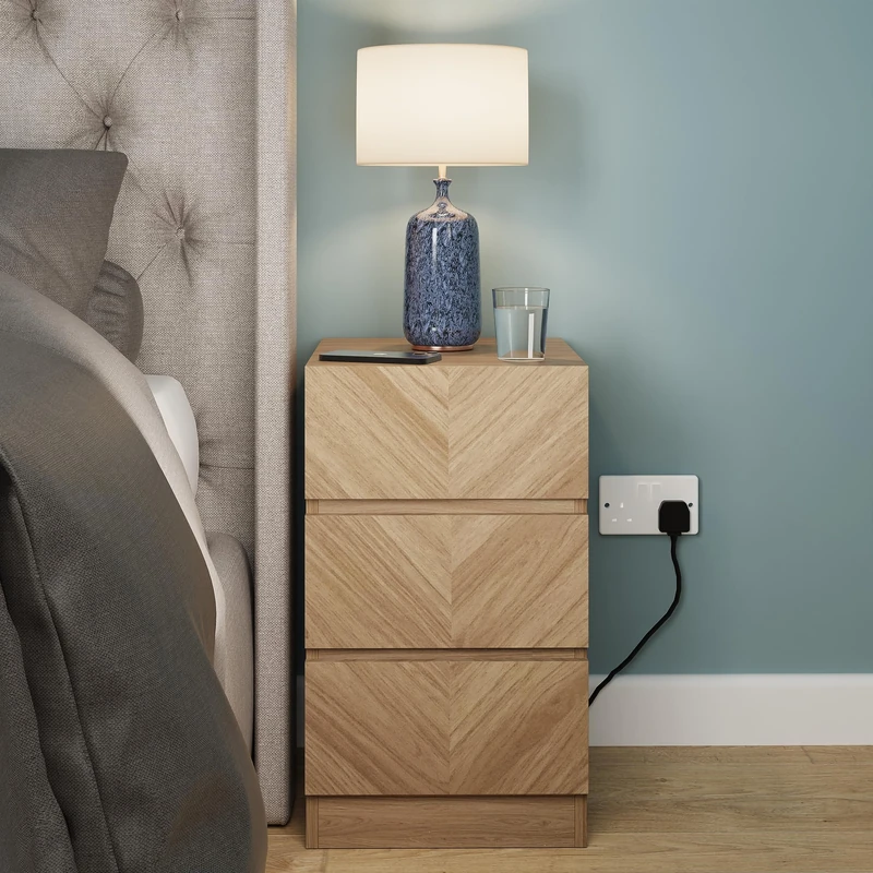 GFW Catania 3 Drawer Bedside Table, Euro Oak Bedside Cabinet with Herringbone Wood Grain Design, Modern Handle-Free Nightstand