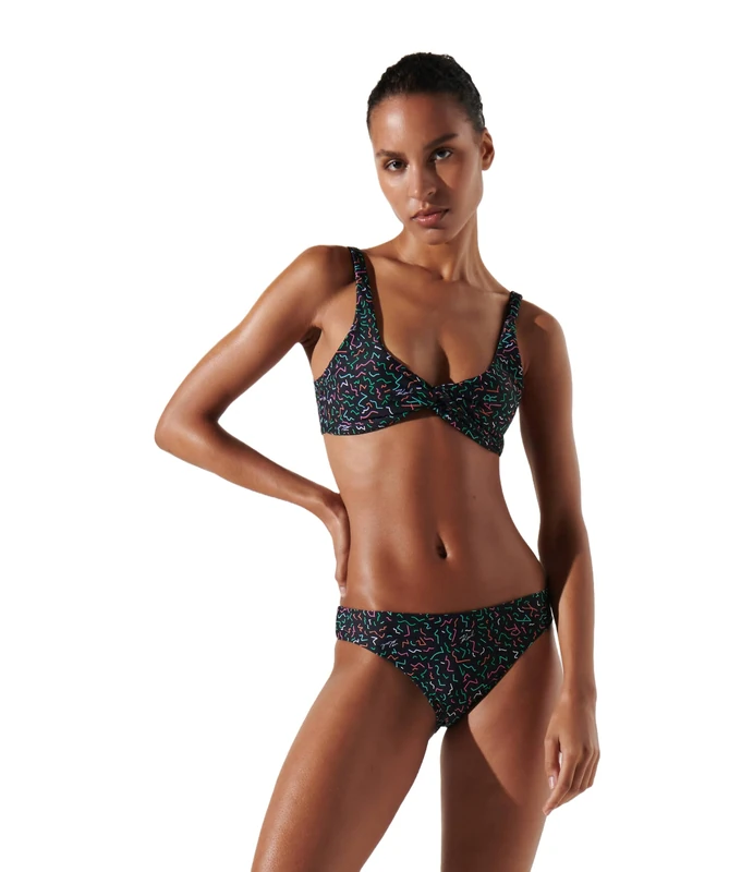 KARL LAGERFELD Women's Twisted Bandeau Bikini Top, Geometric AOP Black, M