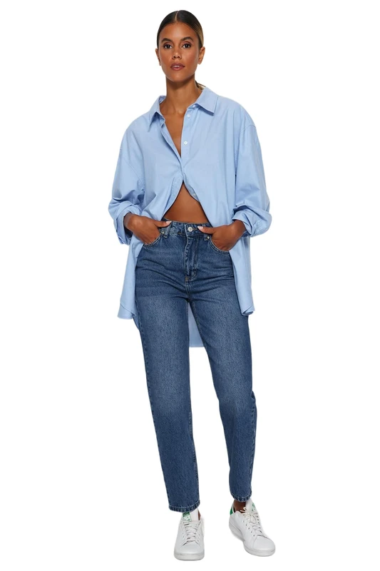 TRENDYOL Women's Dark Blue High Waist Mom Jeans Twoaw24je00076, 10 - Image 1
