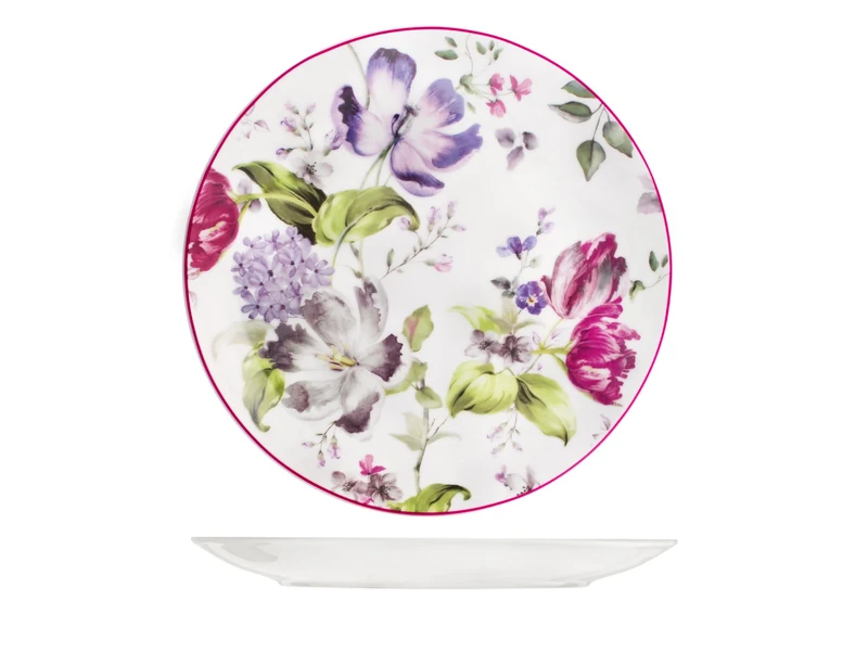 H&H Madam Set of 12 White Porcelain Flat Plates, Floral, 27 cm