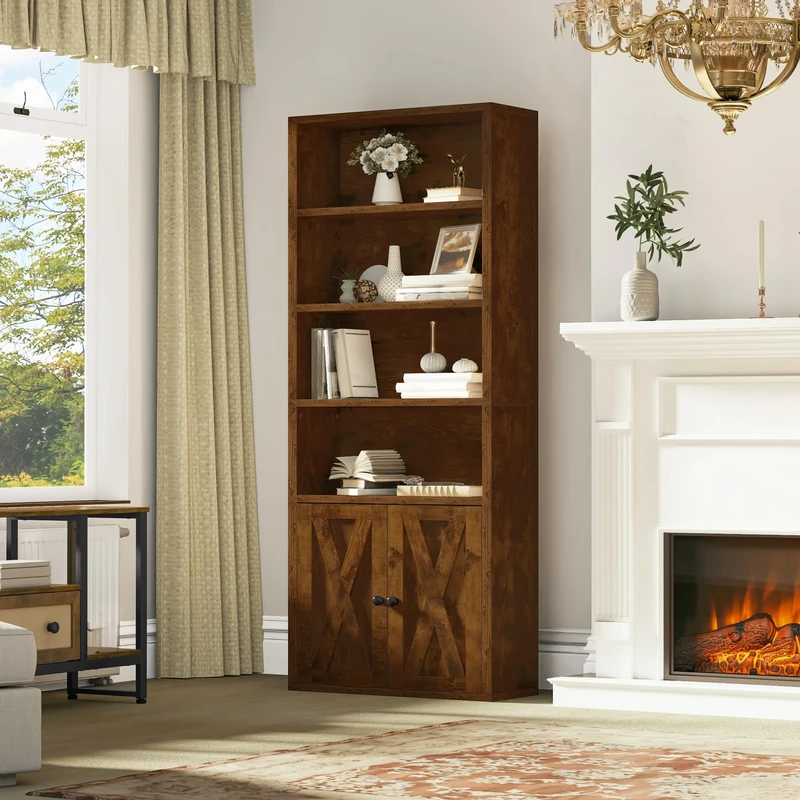 YITAHOME Bookcase, Floorstanding Bookshelves with Cupboard Industrial Shelves Storage Rack Wooden Cube Shelf Tall Storage Cabinet for Living Room, Study, Kitchen, Home Office, Rustic Brown Bookshelf