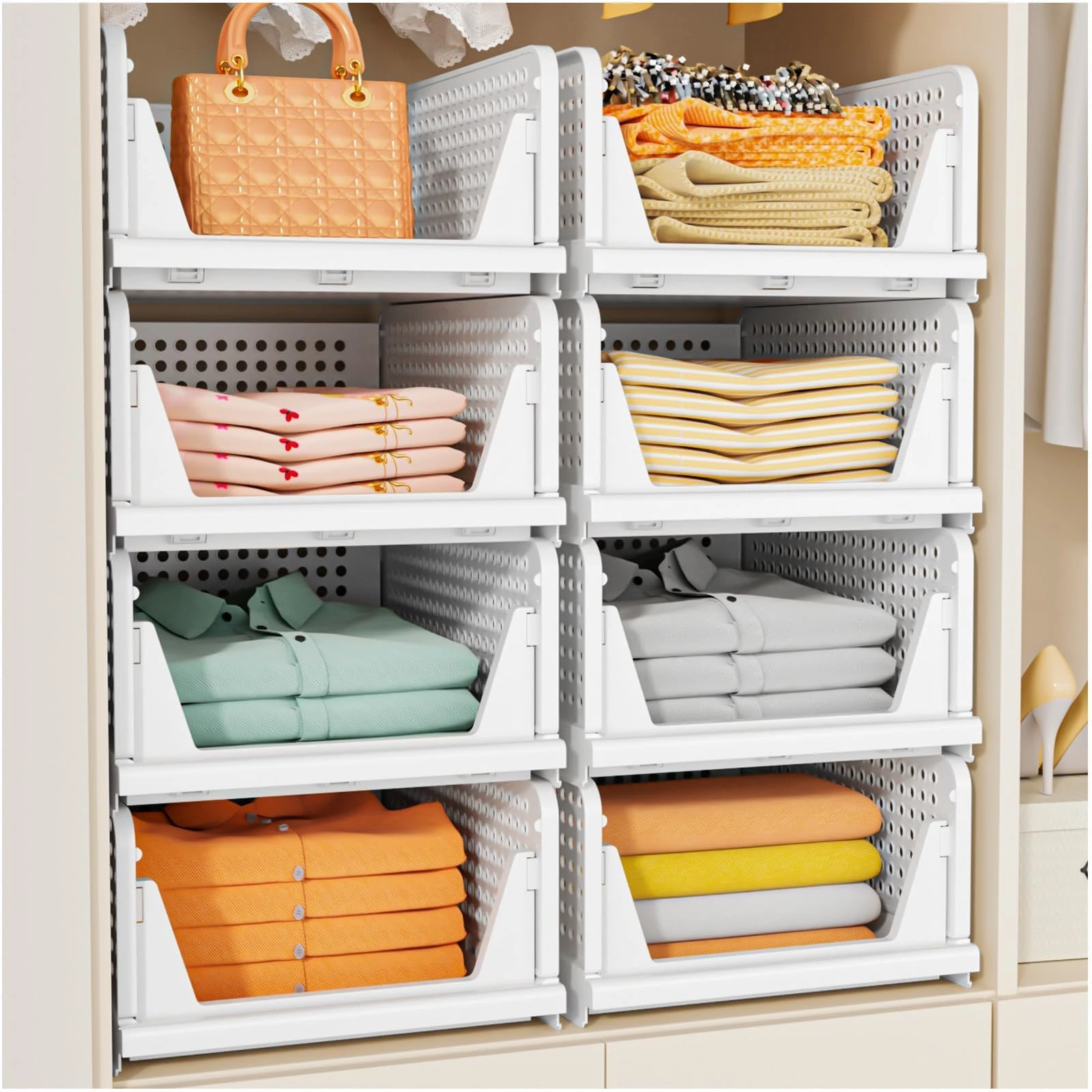 SNSLXH 5 Pack Wardrobe Storage Organiser, Stackable & Foldable Closet Organisers for Bedroom Bathroom Laundry Room Wardrobe Storage, Space-Saving Clothes Storage Drawer Organiser Basket, White