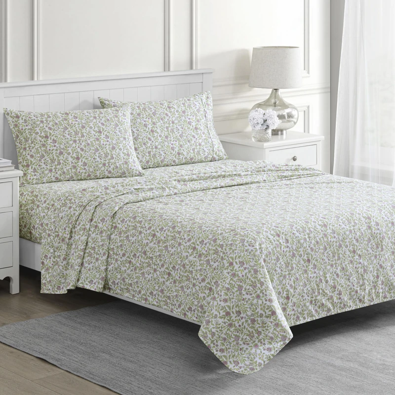 Martha Stewart Rachel Jacobean Floral 300TC 100% Cotton Percale Sheet Set, Green/Purple, 4 Piece - 1 Flat Sheet, 1 Fitted Sheet, 2 Std Pillowcases, Breathable Cotton Printed Bed Sheets, Queen Size