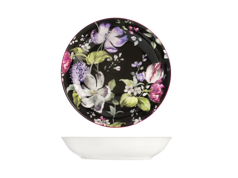 H&H Bouquet Set of 12 Soup Plates, Porcelain, Floral Decoration, Black, 21 cm