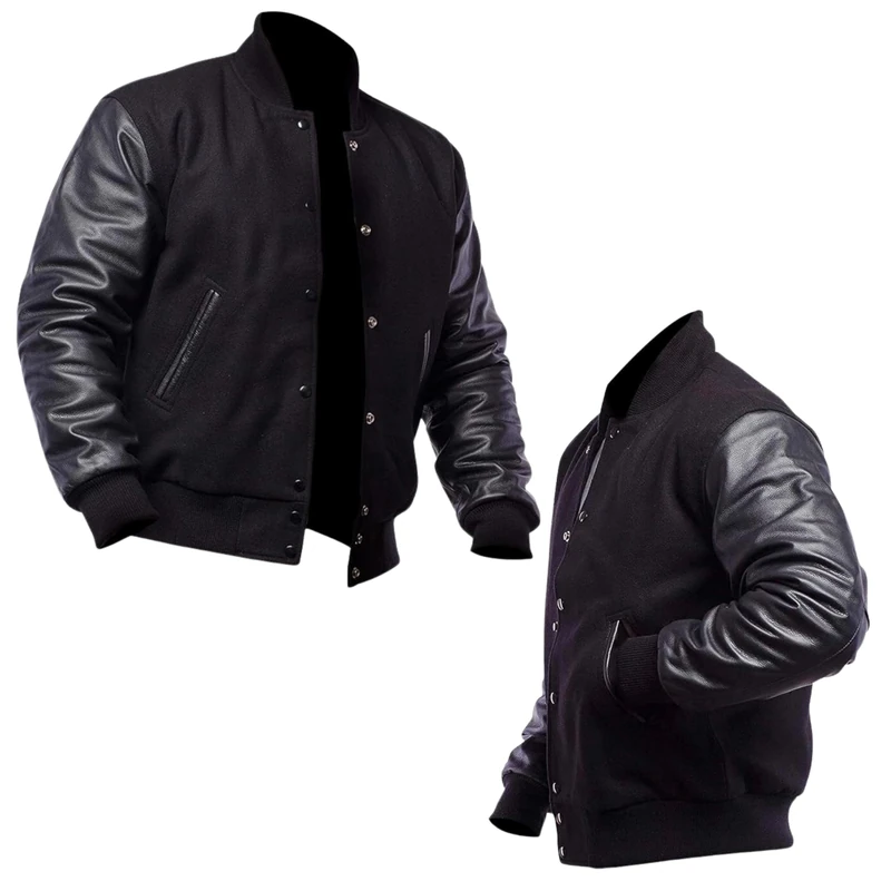 Mount Helicon Two-Tone Leather Baseball Varsity Jacket for Men - Premium Quality and Unique Design, Solid Black, L