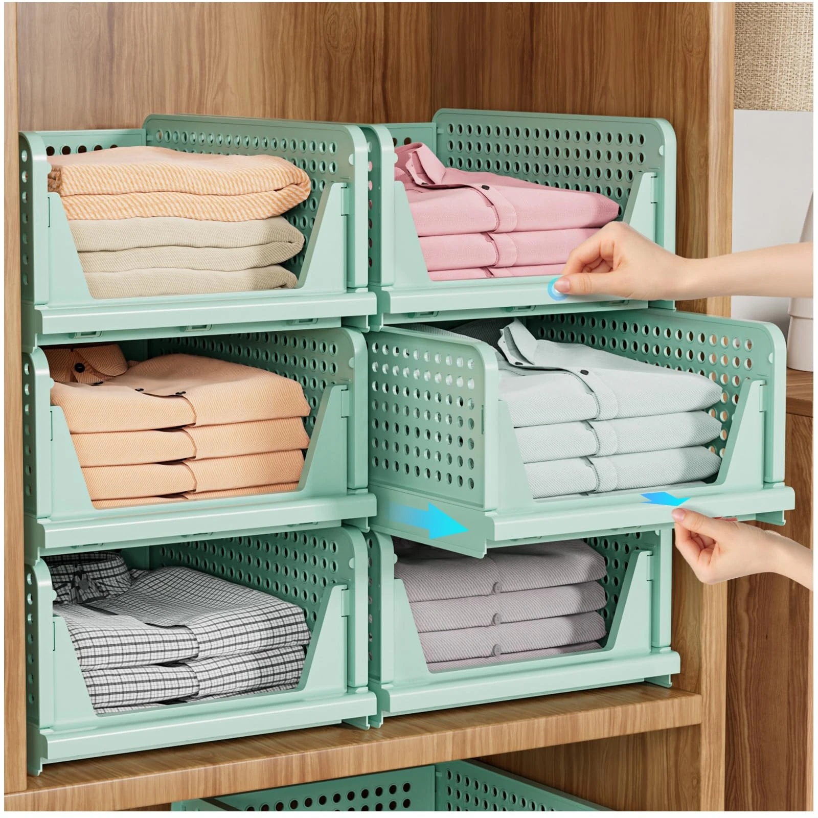 SNSLXH 5 Pack Wardrobe Storage Organiser, Stackable & Foldable Closet Organisers for Bedroom Bathroom Laundry Room Wardrobe Storage, Space-Saving Clothes Storage Drawer Organiser Basket, Green