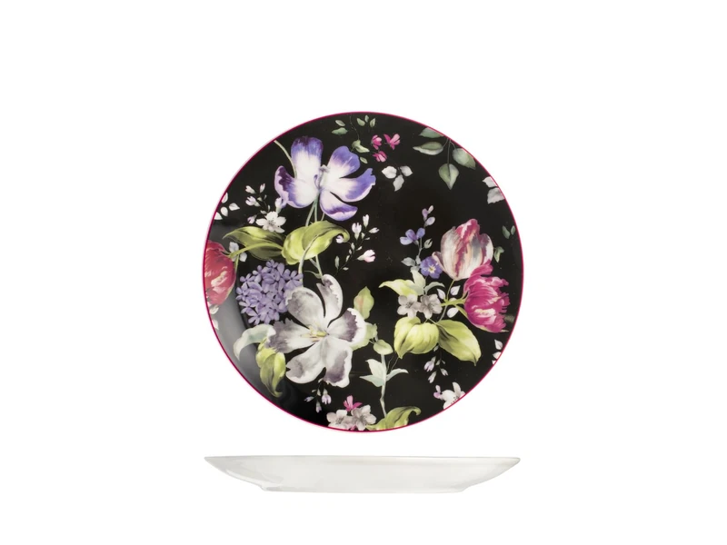 H&H Bouquet Set of 12 Black Porcelain Fruit Plates, Flower Decoration, 20 cm